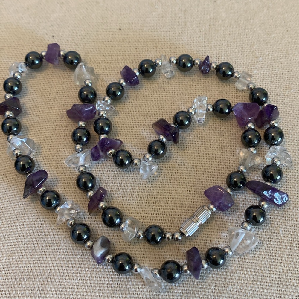 Vintage Amethyst, Hematite & Quartz   Beaded Necklace